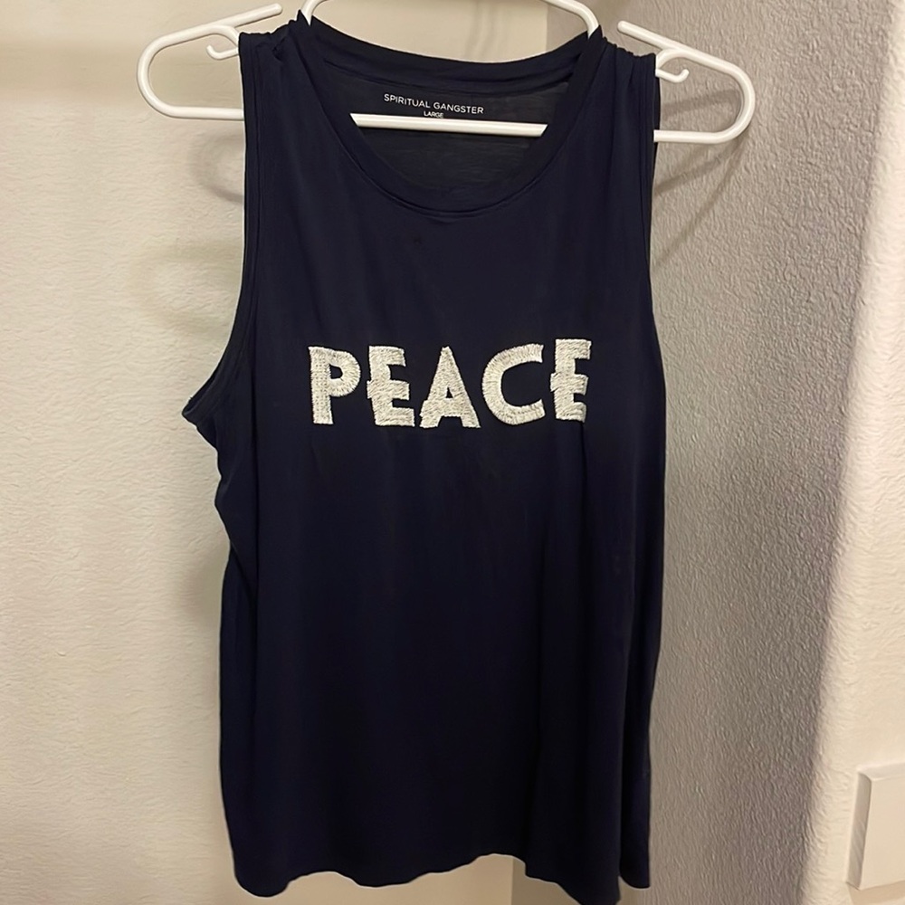Spiritual Gangster PEACE tank, size large, dark navy blue with white letters